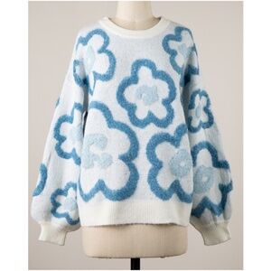 Miracle Floral Textured Loose Fit Round Neck Sweater Top